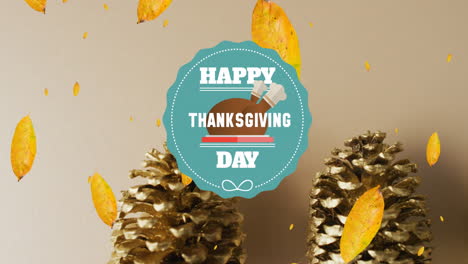 Animation-Eines-Textes-Zum-Happy-Thanksgiving-Day-über-Herbstblättern-Und-Tannenzapfen-Auf-Grauem-Hintergrund