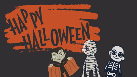 animación de saludos de halloween y personajes en fondo naranja y marrón