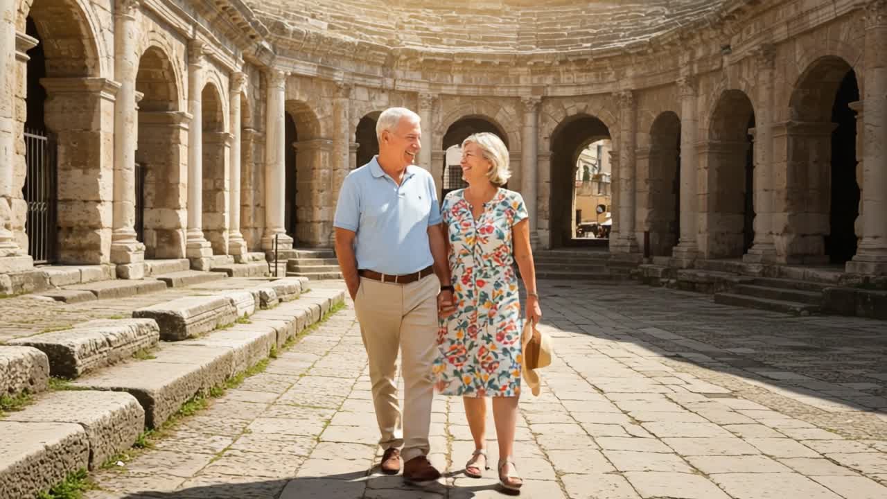 Joyful Moments in an Ancient Arena: A Loving Couple Walks Hand in Hand, Sharing Smiles and Memories Under the Warm Sunlight in a Historic Landmark