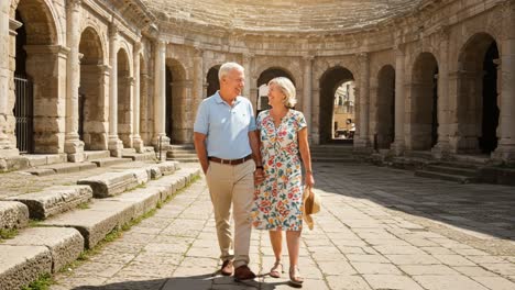 joyful moments in an ancient arena: a loving couple walks hand in hand, sharing smiles and memories under the warm sunlight in a historic landmark
