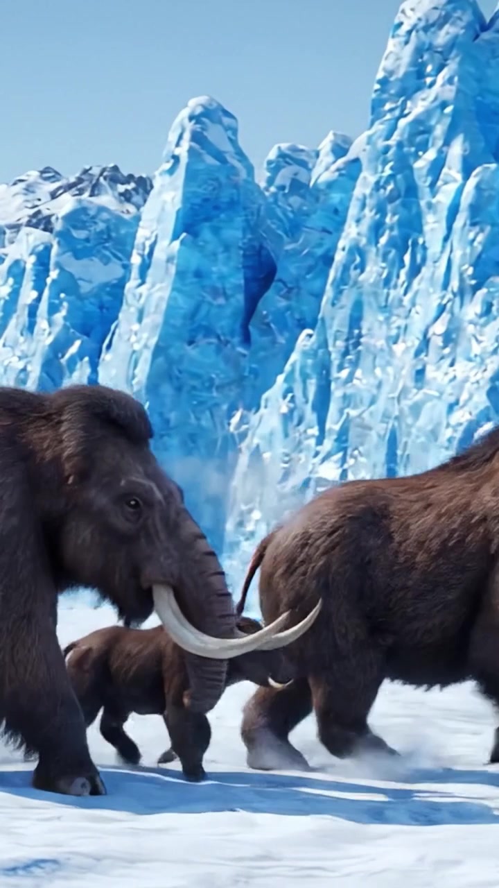 A Majestic Scene of Mammoths Traversing the Frozen Landscape Surrounded by Ice Mountains Under a Clear Blue Sky