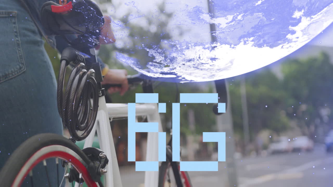 Bicycle rider with digital 5G text and Earth animation overlay