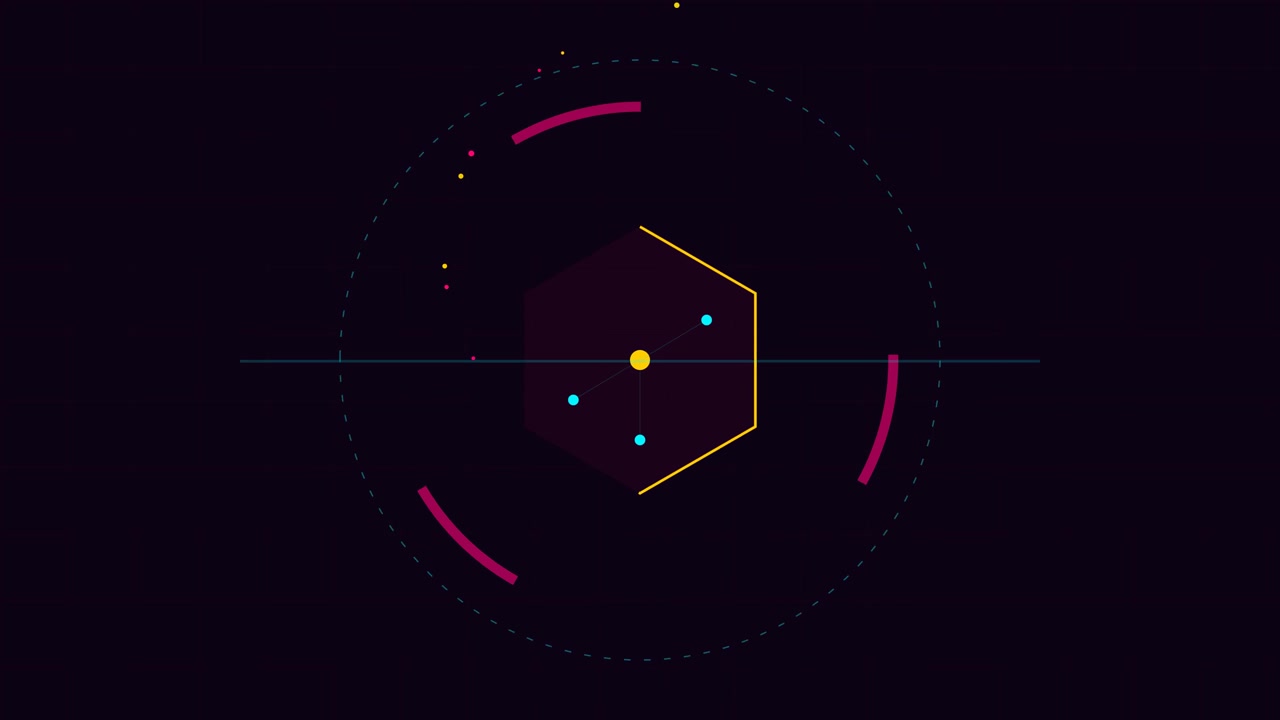 Abstract Motion Graphics Featuring Rotating Hexagon and Orbiting Particles
