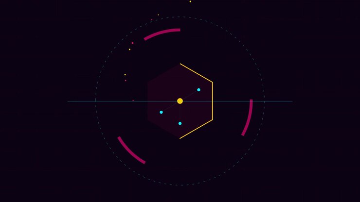 Abstract Motion Graphics Featuring Rotating Hexagon and Orbiting Particles