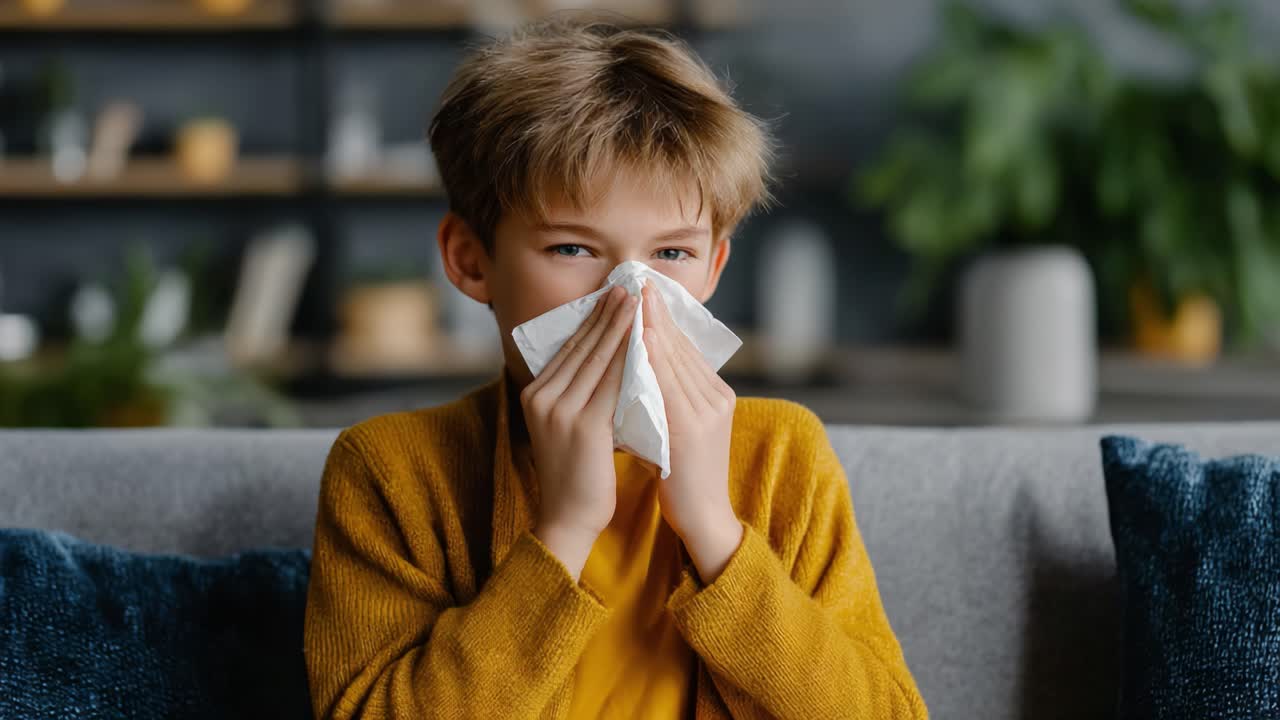A Young Child with Allergies Shows Emotional Expressions While Holding a Tissue, Reflecting on Symptoms and Discomfort in a Cozy Indoor Setting