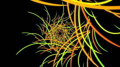 abstract flight of colored lines on a black background that rotate and form a tunnel. animation. beautiful abstraction of glowing green and yellow lines moving on a circular trajectory, seamless loop