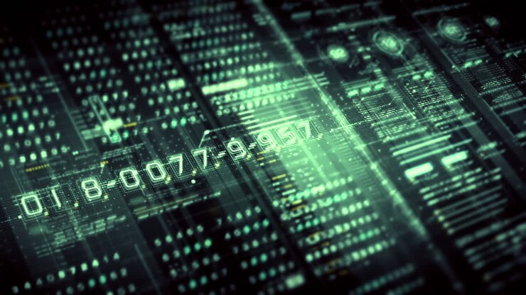 Advanced data matrix simulation UI with cutting-edge digital environment with a dynamic and immersive display of interconnected data matrix information networks systems background