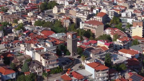 clock tower of livadeia city in greece - aerial shot