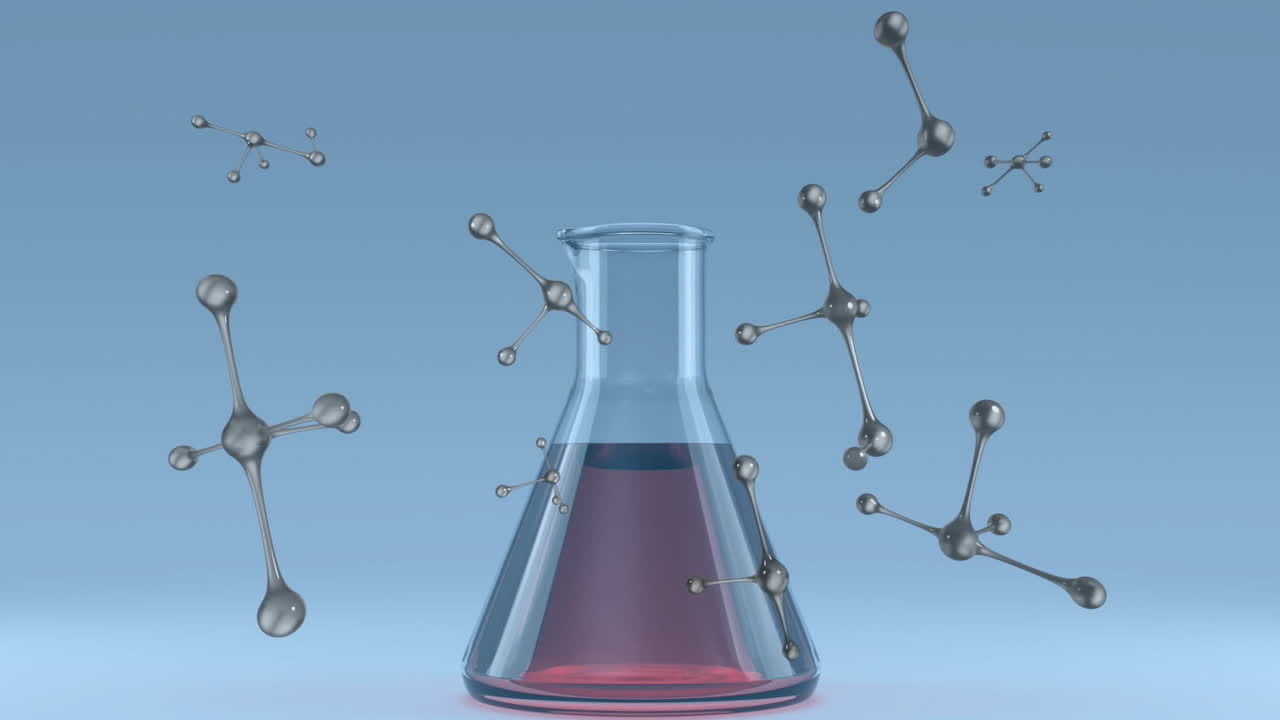 파란색 바탕에 은 액체로 된 피침형 실험실 콜브 위의 요소 구조의 애니메이션