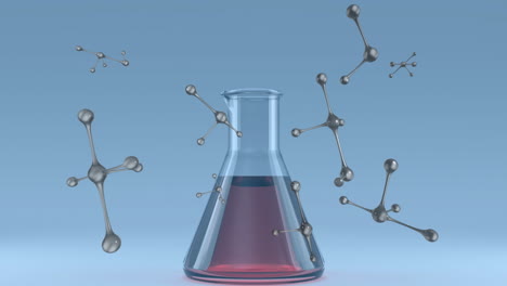 animation of element structures over conical lab flask of red liquid on blue background