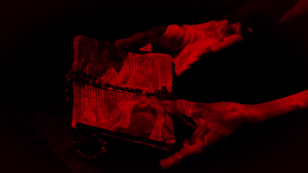 manos sosteniendo un libro con cuentas de rosario en fondo negro