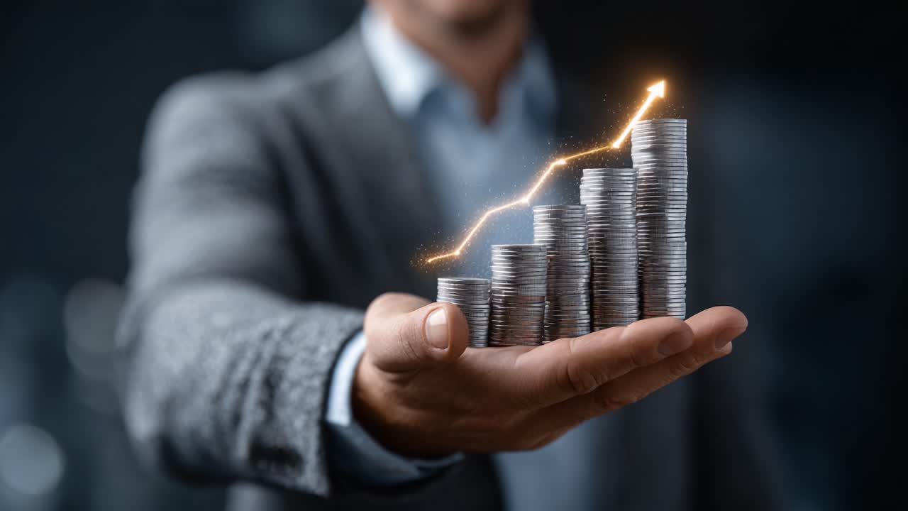 A Successful Businessman Showcasing Growth Through Rising Coins and Financial Progress, Symbolizing Prosperity, Investment, and Economic Achievement in a Captivating Presentation