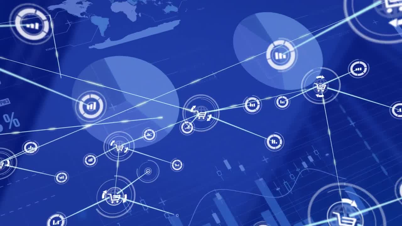 디지털 아이콘 네트워크의 애니메이션과 높은 건물에 대한 통계 데이터 처리