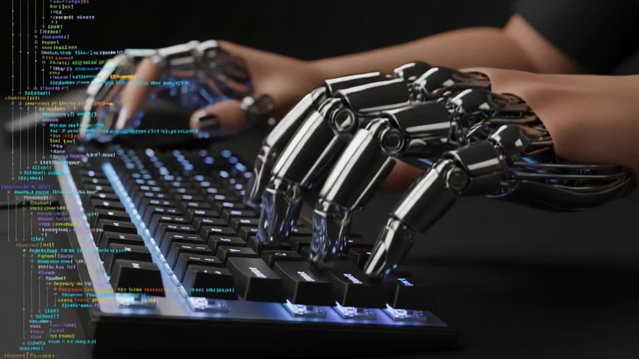 A Futuristic Robotic Hand Engaged in Programming, Showcasing Intricate Features While Typing on a High-Tech Keyboard with Code Displayed Alongside