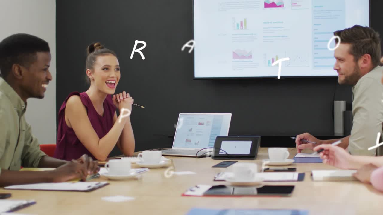 Woman leading business talk gesturing toward laptop, drifting letters causing colleagues laughing