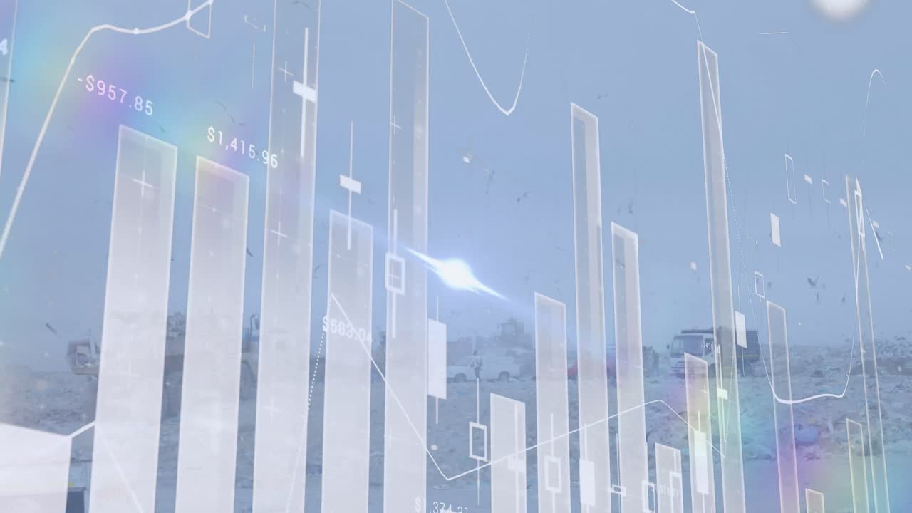 쓰레기 매립장에서 트럭과 함께 시간 경과에 대한 그래프와 데이터의 애니메이션