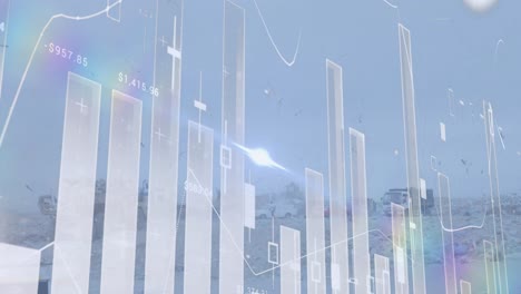 animation of graph and data over timelapse with trucks on waste dump