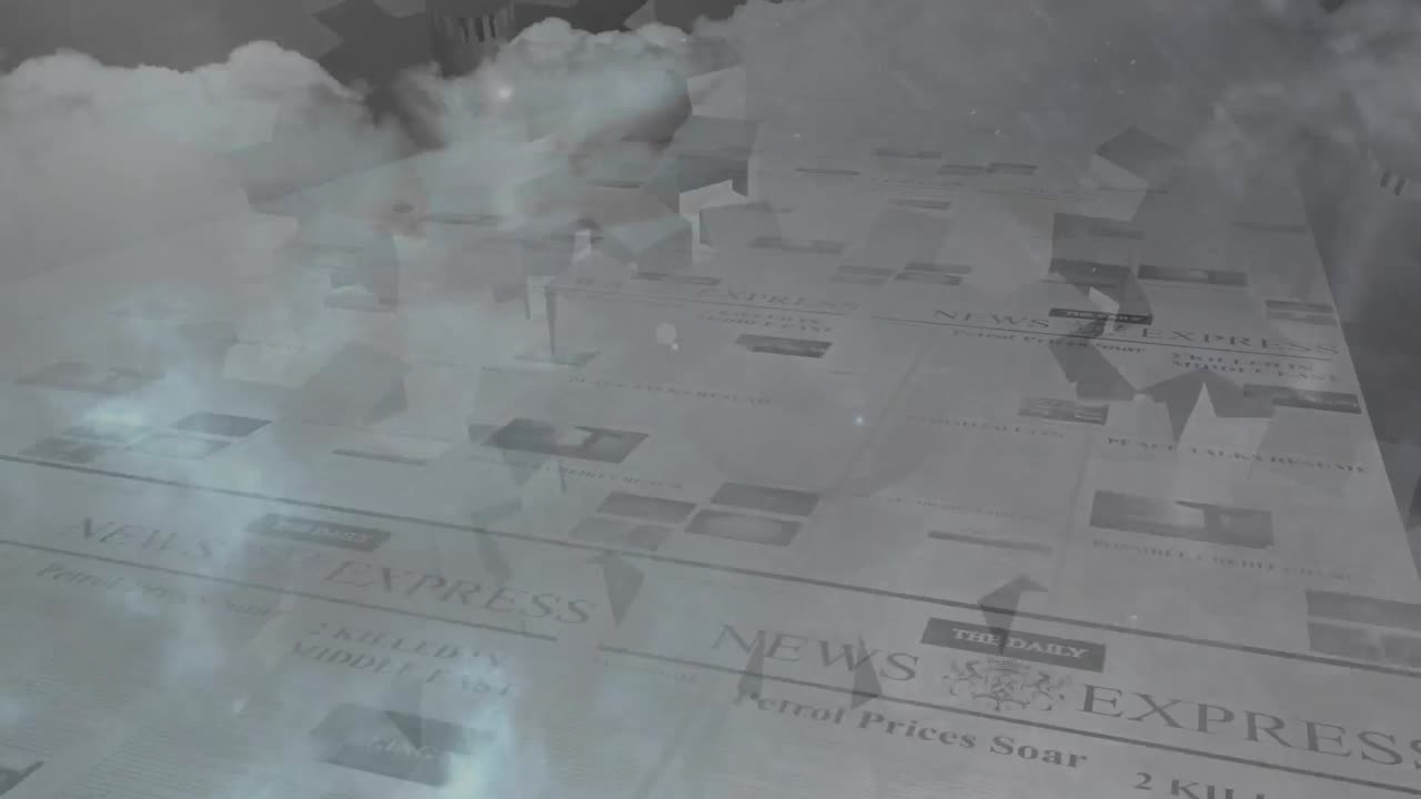 기어 아이콘의 디지털 구성 이동 및 밤 하늘에서 천둥 폭풍에 대한 신문 인쇄