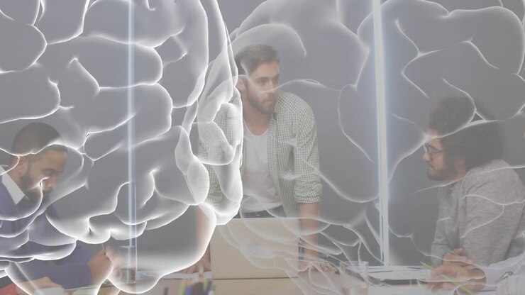Animation of brain over diverse business people in office