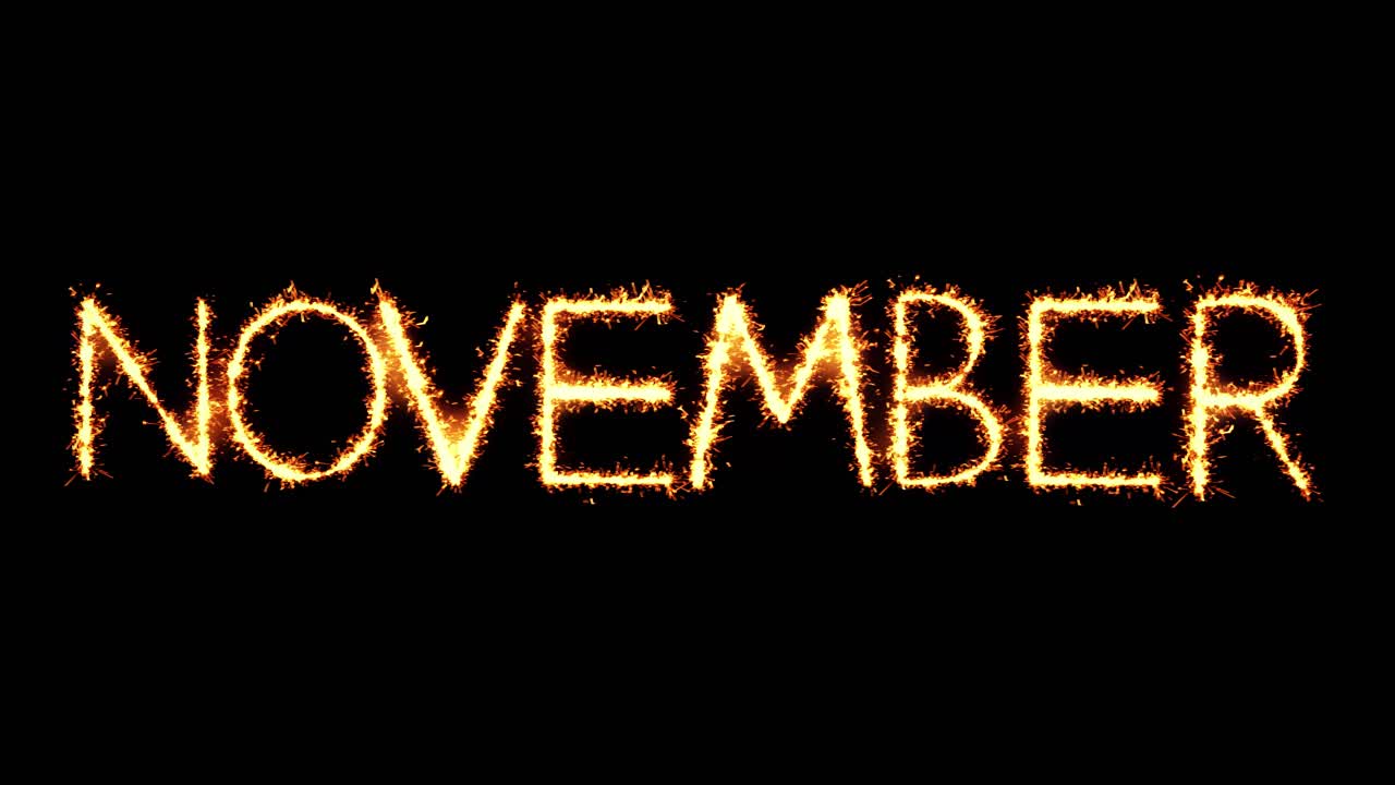 November text sparkler writing with glitter sparks particles firework on black 4k loop background