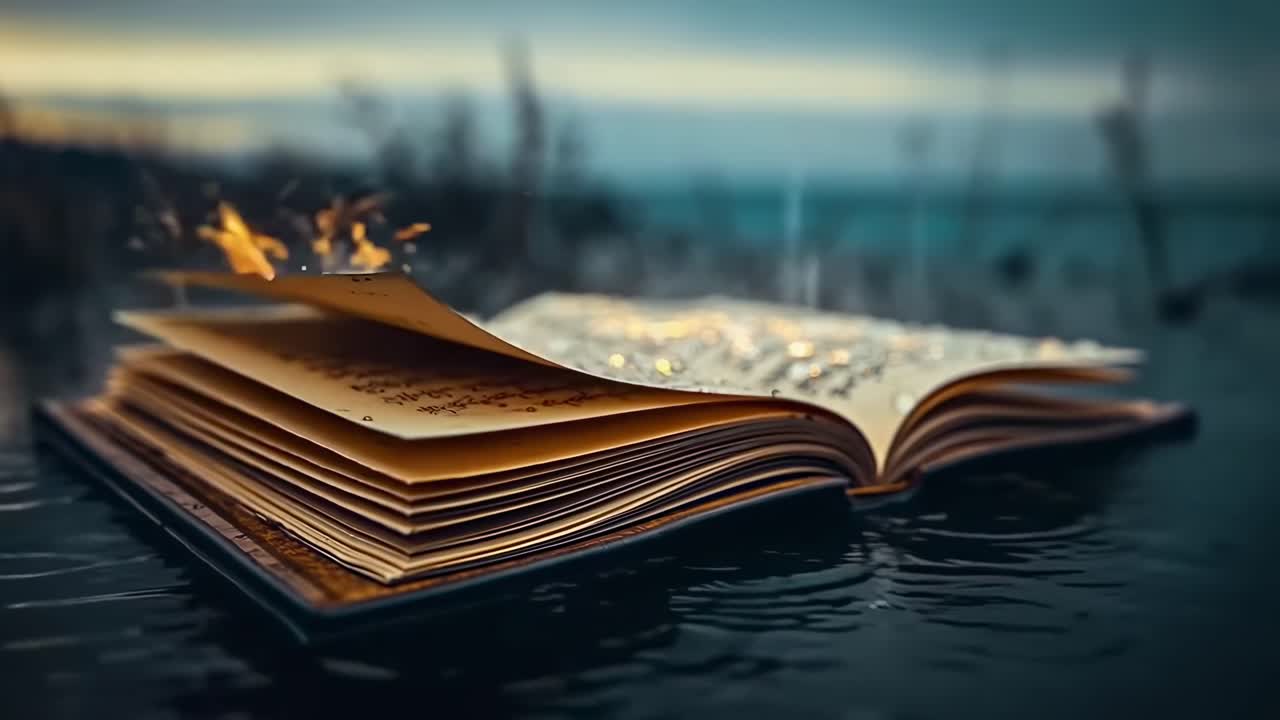 Ein magisches, offenes Buch im Regen, aus Untersicht aufgenommen, mit leuchtenden Seiten, im kinoreifen Videostil