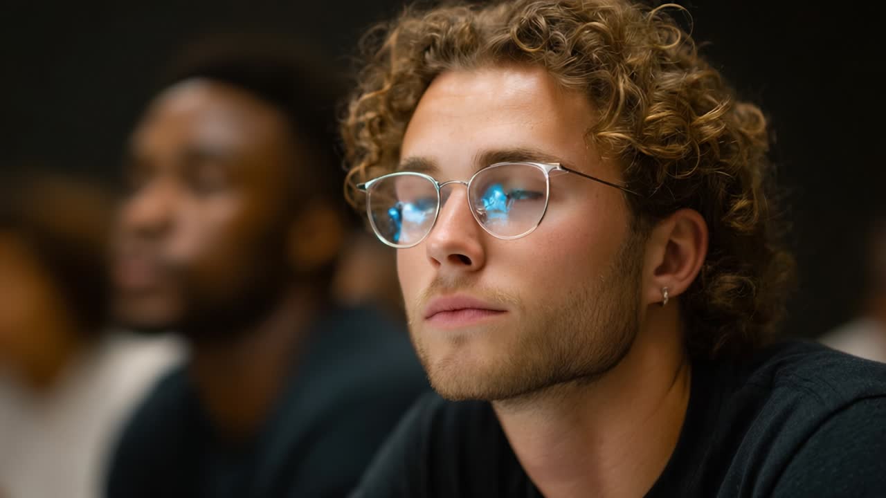 A contemplative young man in glasses, immersed in thought and focused in a classroom setting, showcasing the essence of learning and intellectual engagement with surrounding peers