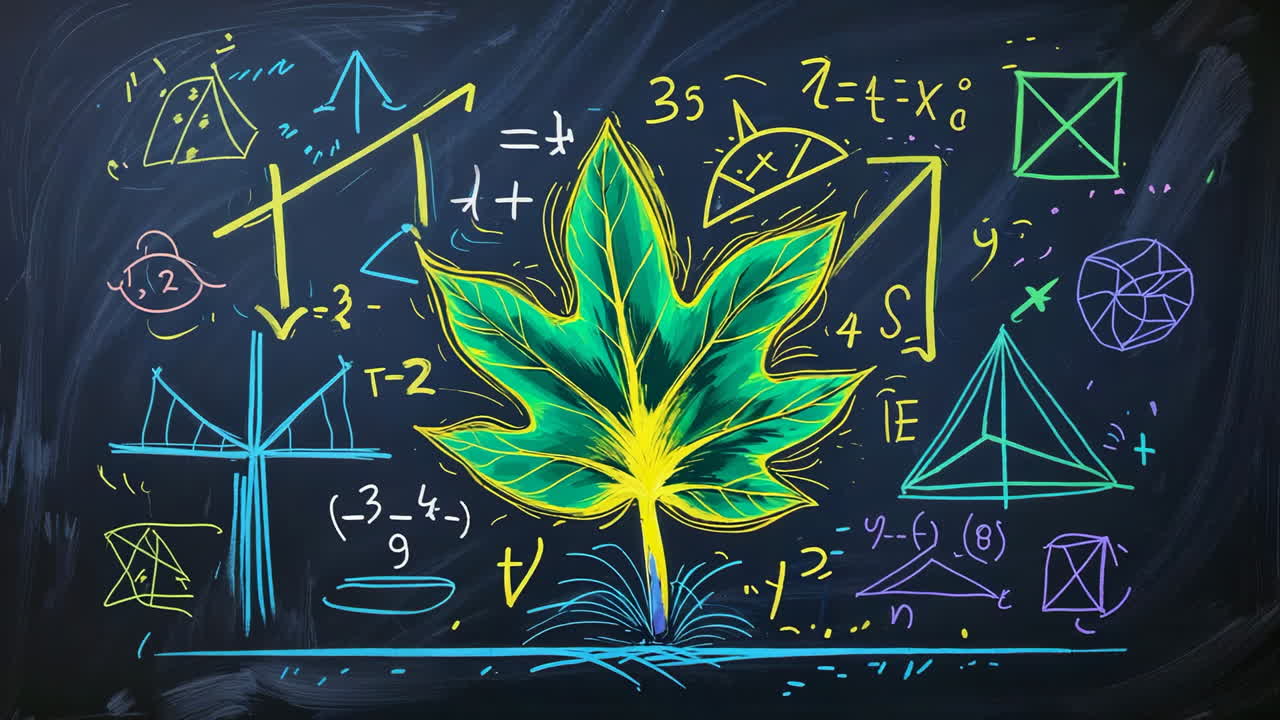 Mathematical Leaf on a Chalkboard with Equations and Shapes