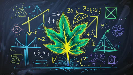 mathematical leaf on a chalkboard with equations and shapes