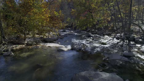 A-clear-fast-flowing-stream-over-smooth-rocks-in-the-fall-in-North-Carolina