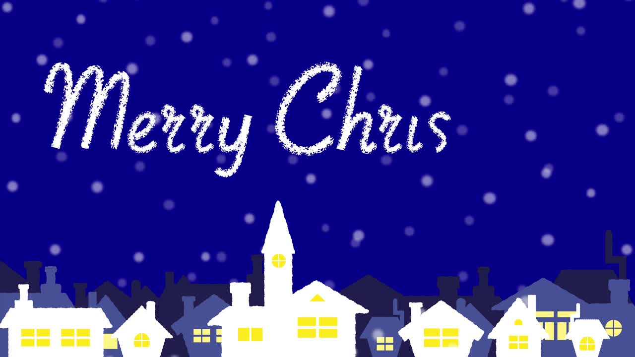 눈 인 마을의 장면과 메리 크리스마스의 텍스트 애니메이션.