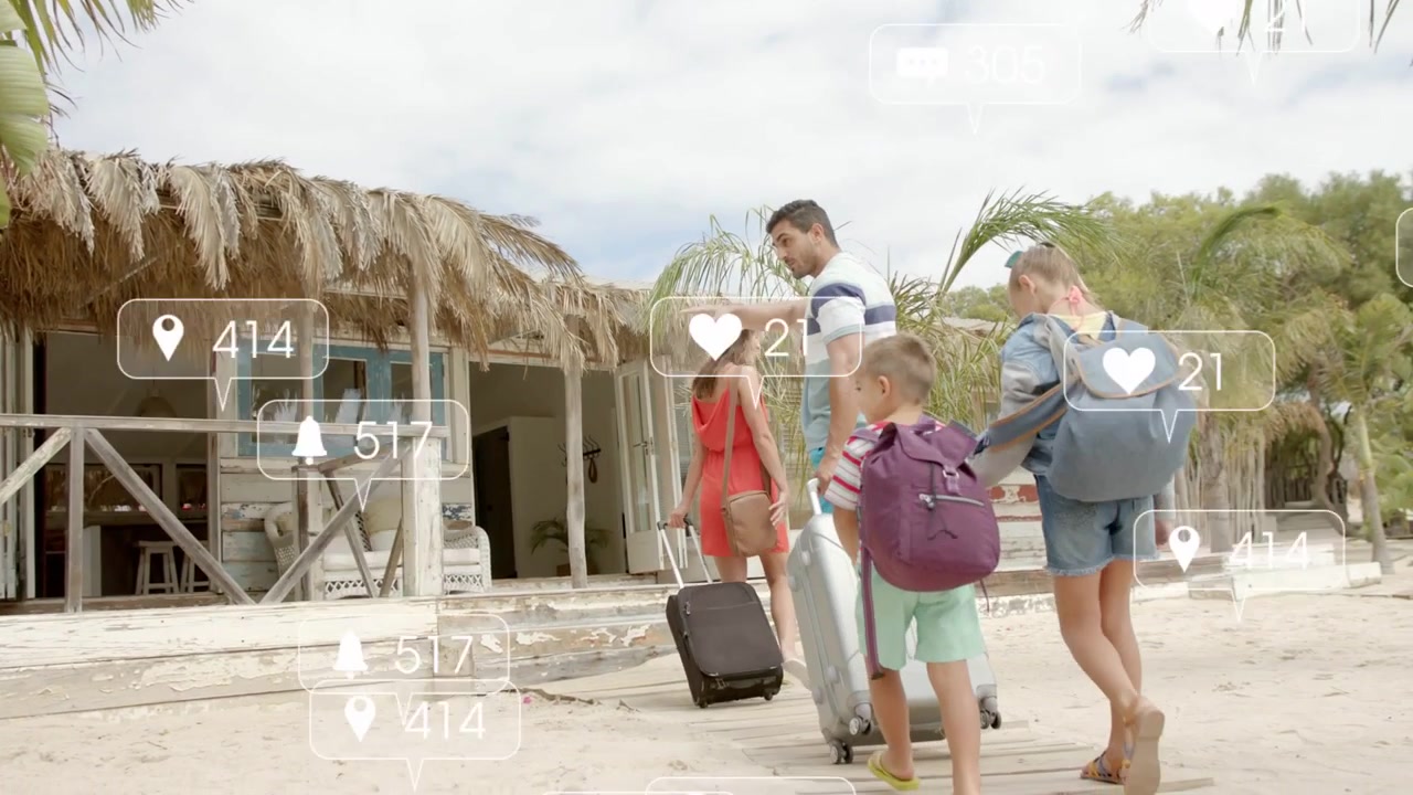 Famiglia che cammina verso un bungalow per un soggiorno di viaggio, il padre indica, facendo apparire icone social.