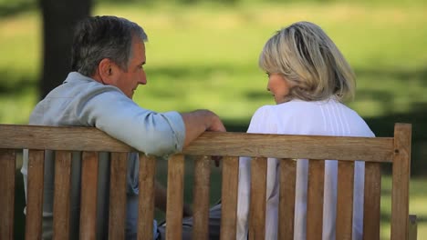 senior couple talking on a bench