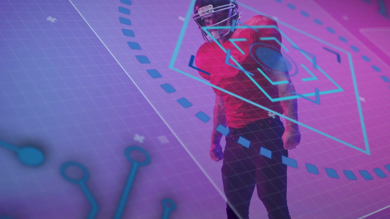 Giocatore di football che fa un passo e si gira su una griglia magenta, attivando un HUD blu che scansiona le statistiche sportive.