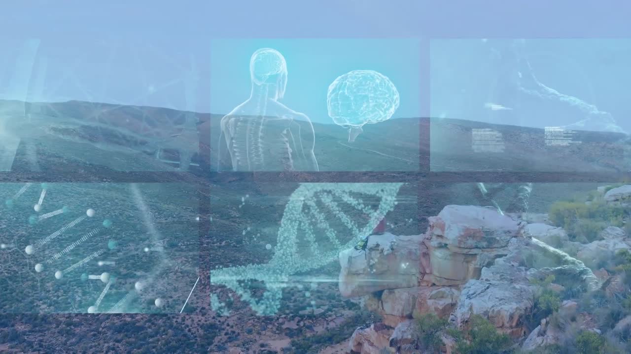 Animation of diverse scientific data on digital screens over landscape