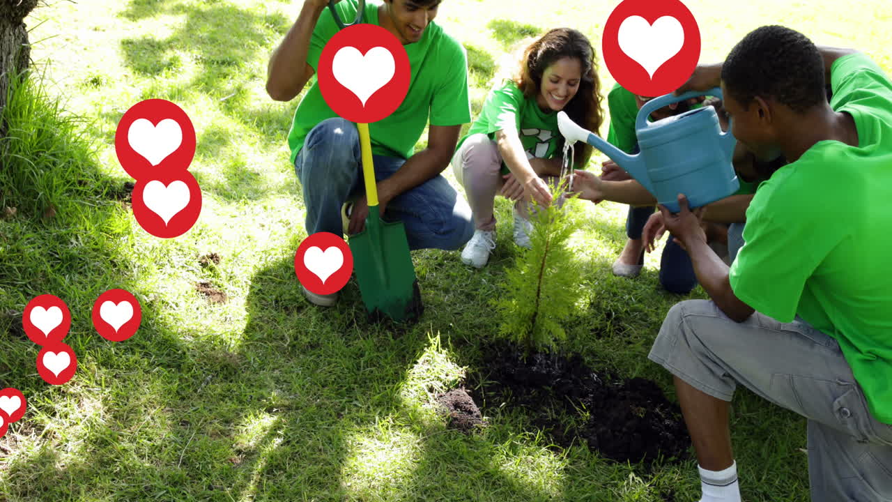 행복 한 다양한 그룹 이 시골 에서 쓰레기 를 모으고 있는  ⁇ 은 마음 의 애니메이션