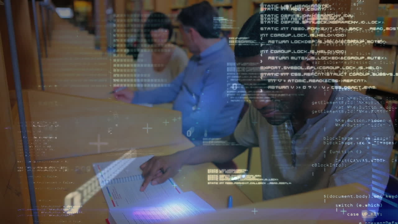 animation du traitement des données sur un heureux étudiant afro-américain étudiant dans une bibliothèque