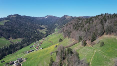 Aerial-dolly-in-past-a-transmission-mast-into-rural-valley-in-Switzerland
