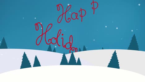 animation of happy holidays text, christmas greeting over winter scenery