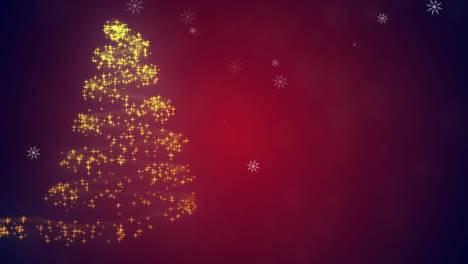 formas geométricas animadas en rojo, patrón de árbol de estrellas amarillo y copos de nieve en rojo.