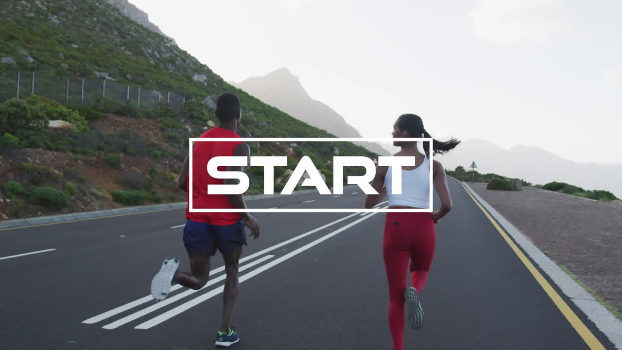 Animation of the word start in white over couple exercising running on mountain road