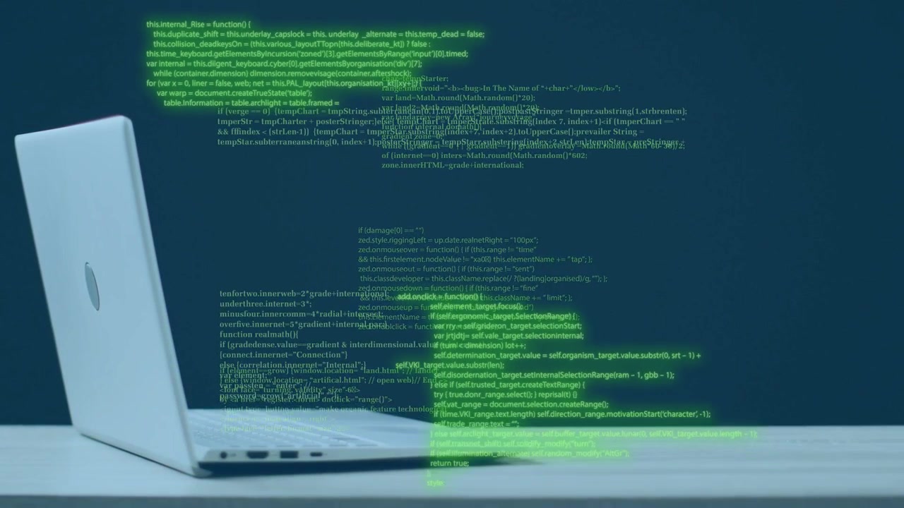 On start green code emerging beside laptop, shifting, trailing, dropping, showing data