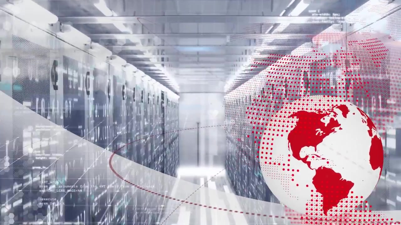 Animation of data processing and globe over server room