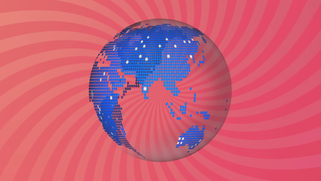 분홍색 배경에 대한 원활한 패턴으로 방사선에 대항하여 회전하는 지구의 애니메이션