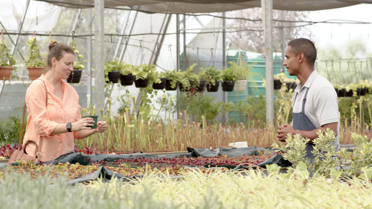 Woman tending plants in greenhouse, smiling and engaging with coworker