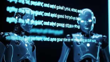 exploring the intersection of artificial intelligence and human interaction through futuristic robotic entities in a high-tech environment