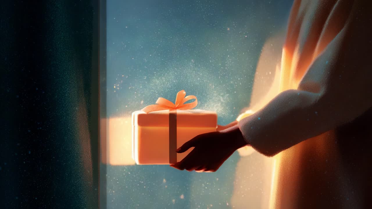 A Magical Moment of Gift-Giving: The Joyful Scene of a Person Holding a Beautifully Wrapped Present, Symbolizing Thoughtfulness, Celebration, and Anticipation Amidst a Warm Glow