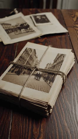 vintage photographs on a wooden table