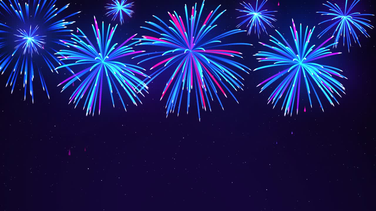 Bright fireworks in the night sky with stars. Colorful fireworks on a blue background. Beautiful festive sky for bright design. Animated background, seamless loop