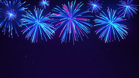 fuegos artificiales brillantes en el cielo nocturno con estrellas. fuegos artificials coloridos en un fondo azul. hermoso cielo festivo para un diseño brillante. fondo animado, bucle sin costuras