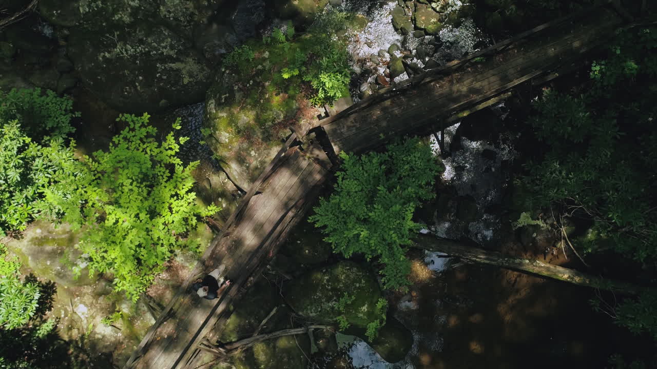descendente aérea de arriba hacia abajo mientras el hombre pasa sobre el arroyo en un pequeño puente forestal, 4k